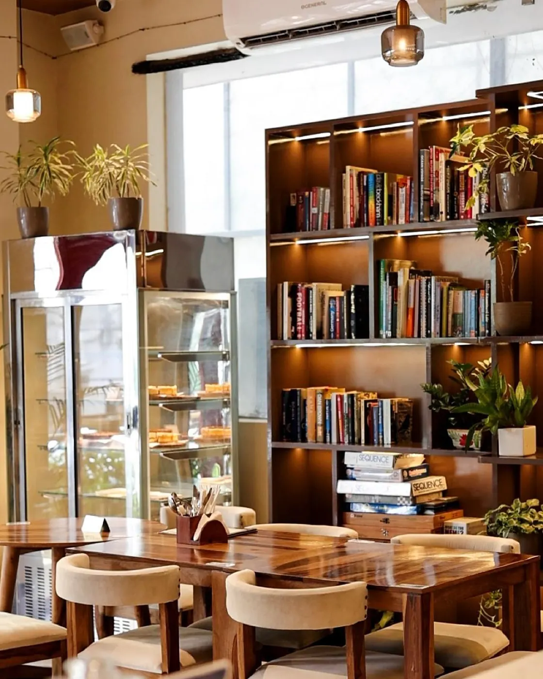 Book-lined shelves and tables