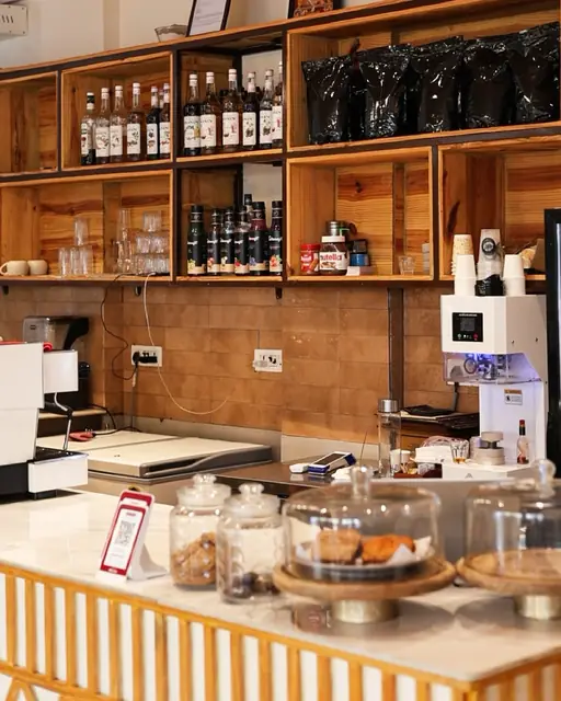 Bakes counter and shelves at the café