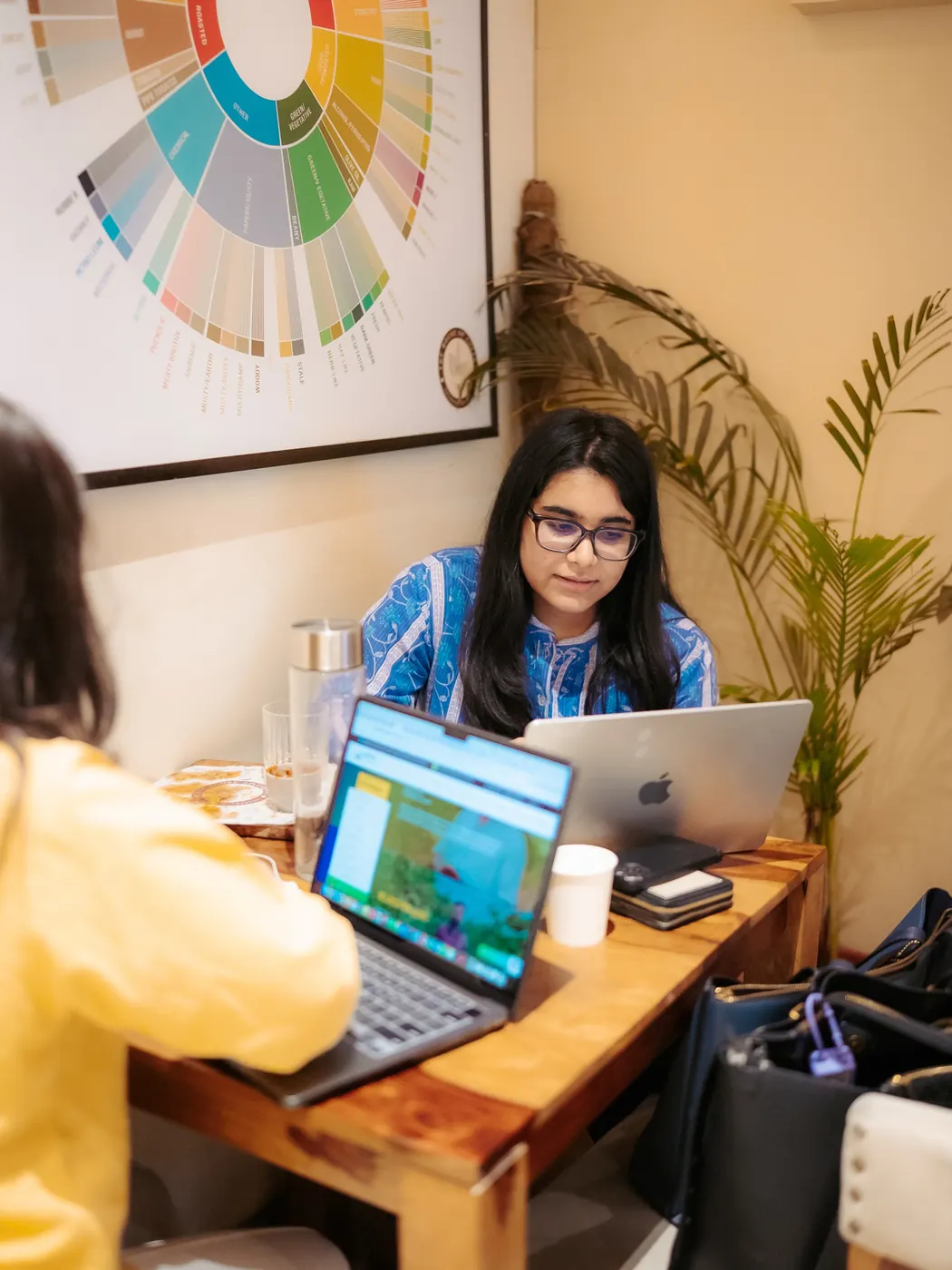 A guest working in a plant-filled corner